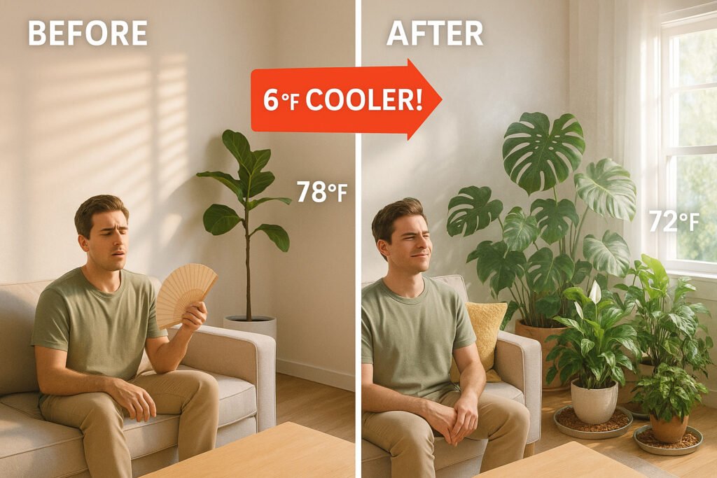 Before and after comparison showing room temperature drop from 78°F to 72°F using grouped indoor plants for natural cooling