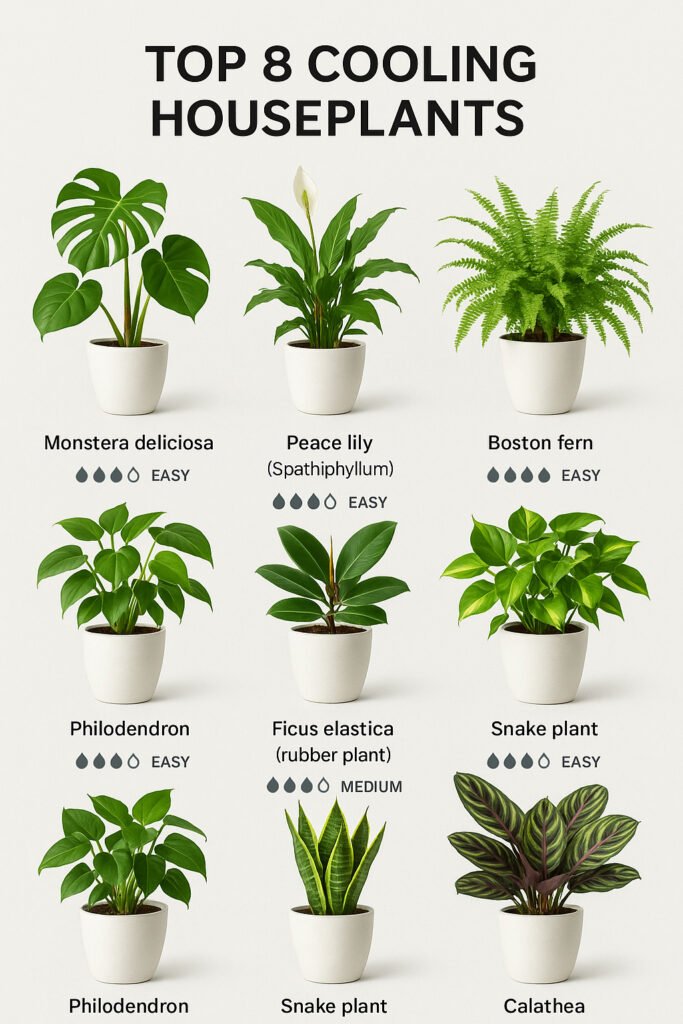 Guide to the 8 best houseplants for natural home cooling including Monstera, Peace lily, Boston fern, and Pothos
