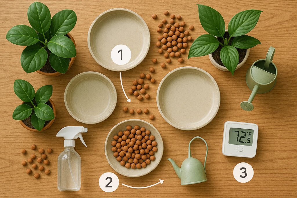 Complete materials needed for DIY indoor plant cooling system including water trays, clay pebbles, and houseplants
